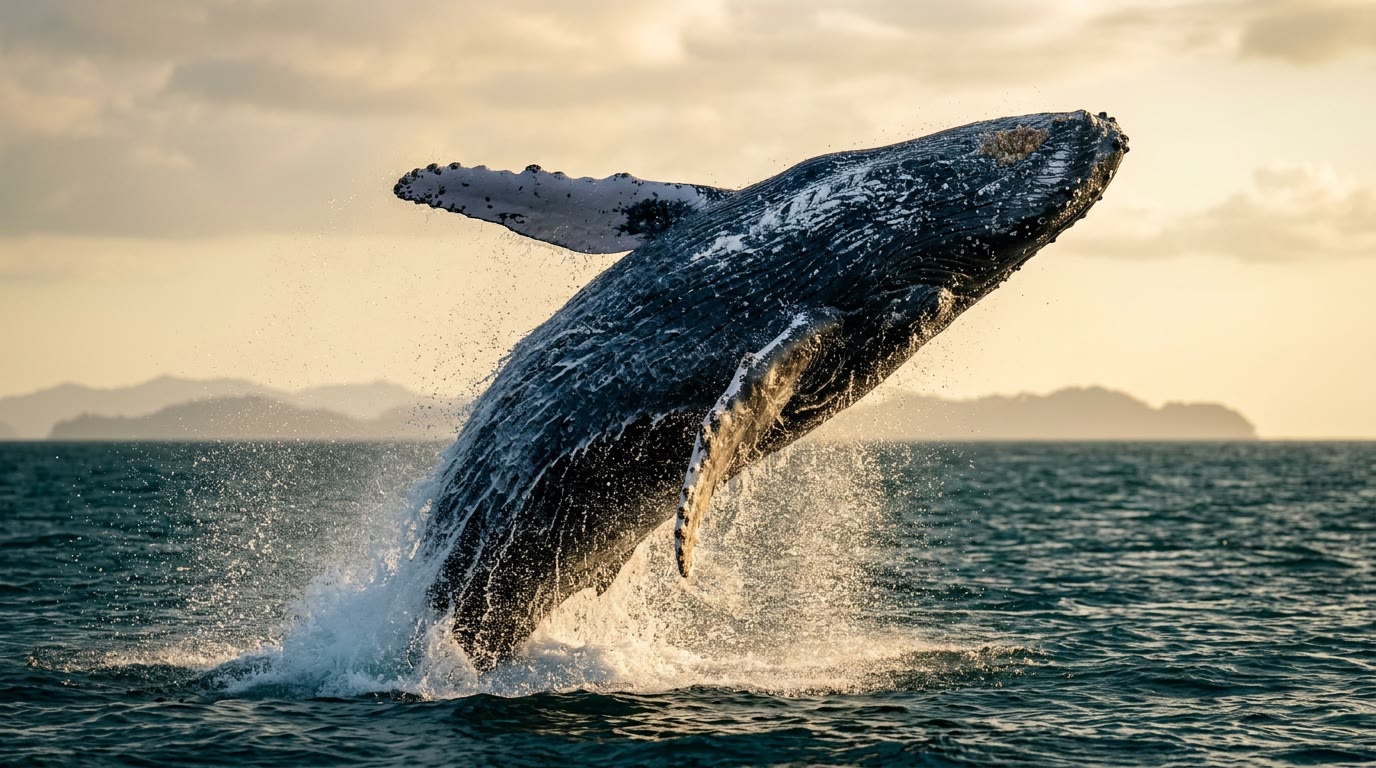 Ballena jorobada saltando en el Golfo de Panamá durante la temporada de avistamiento